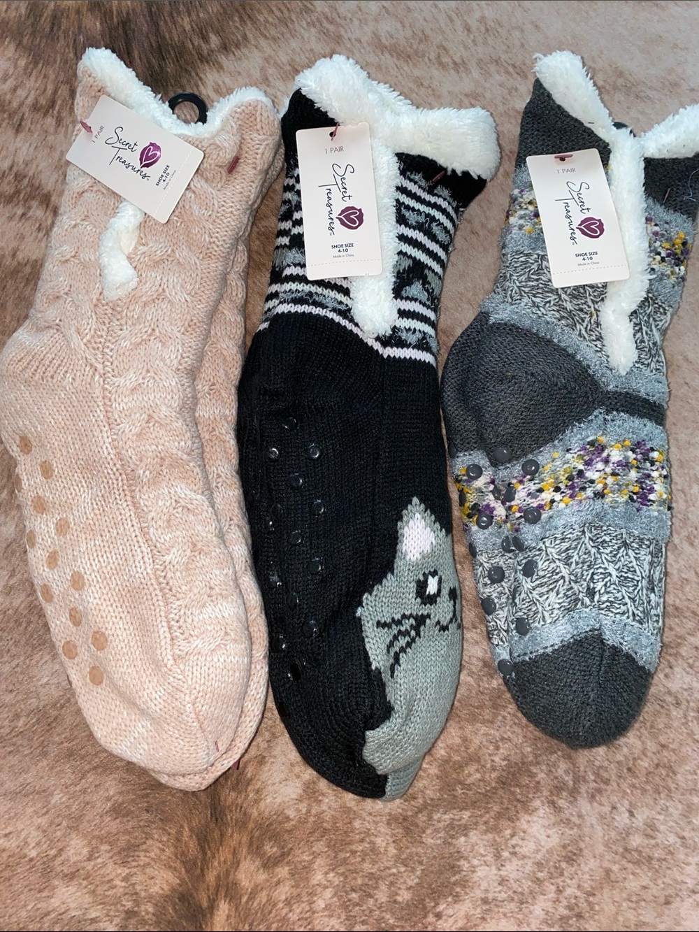 Secret Treasures Cozy Fleece-Lined Slipper Socks - Pink, Black, Gray